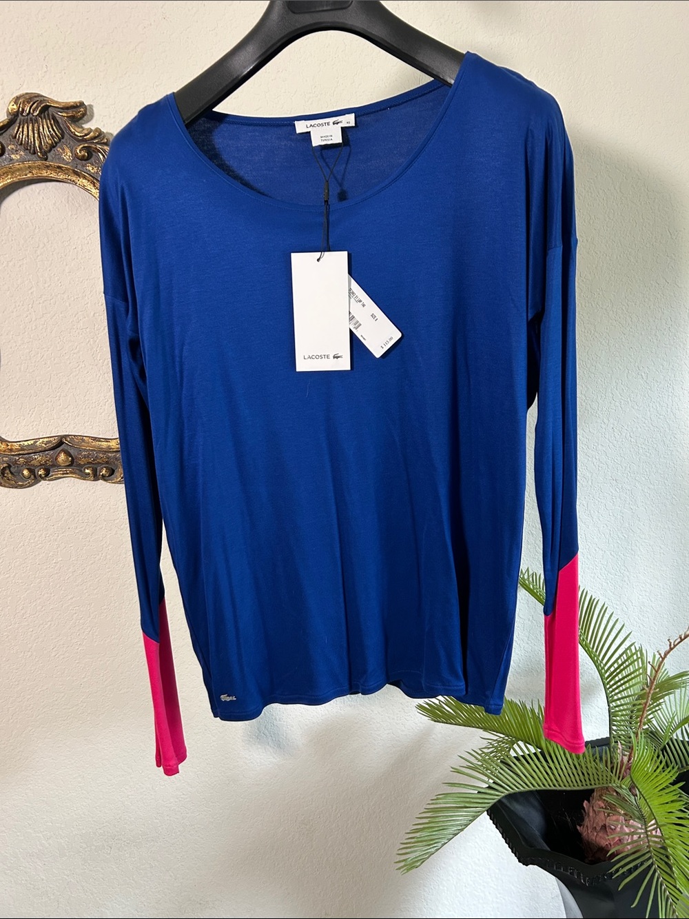 Lacoste Women's Long-Sleeve Scoop Neck Top - Blue with Pink Cuffs